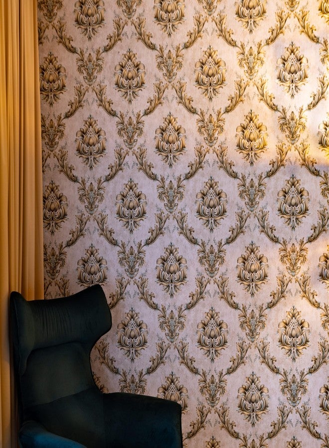 wolpin Non-Woven Wallpaper Non-Adhesive (53 x 950 CM) (Floral Design) | Ornate Embossed Floral Design Wallpaper with Texture and Shine | Beige & Aqua Wall Covering 54.18 Sq Ft - Image 2